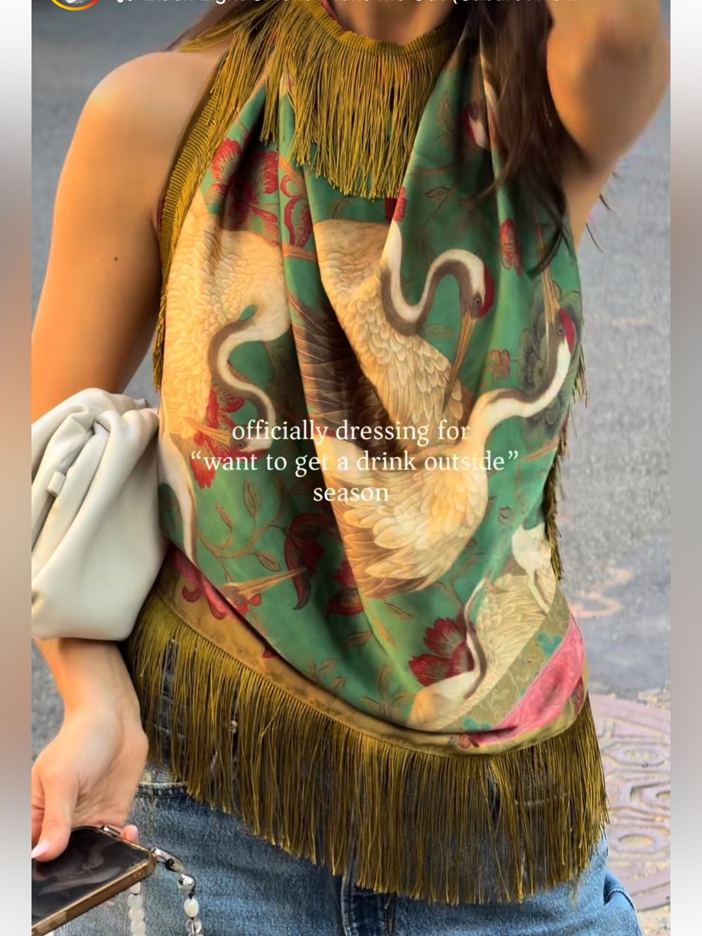 SOLD OUT Blogger Fave Zara Fringe Trim Heron Print Silk Scarf Top - Green Multi